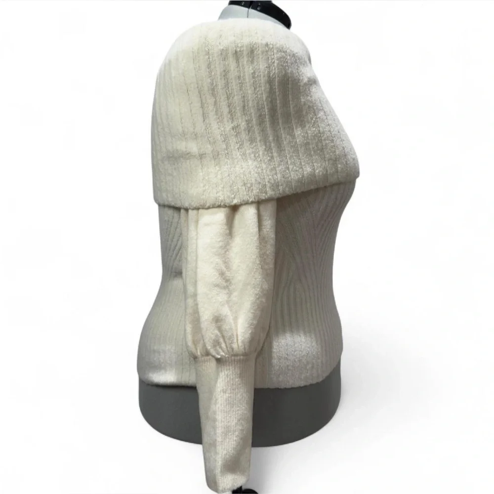 Anthropologie Tessa Off-The-Shoulder Puff-Sleeve Sweater Ivory Knit Plus Size - Picture 8 of 11